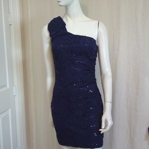 Navy Stretch Lace One Shoulder Dress City Triangle SZ 7